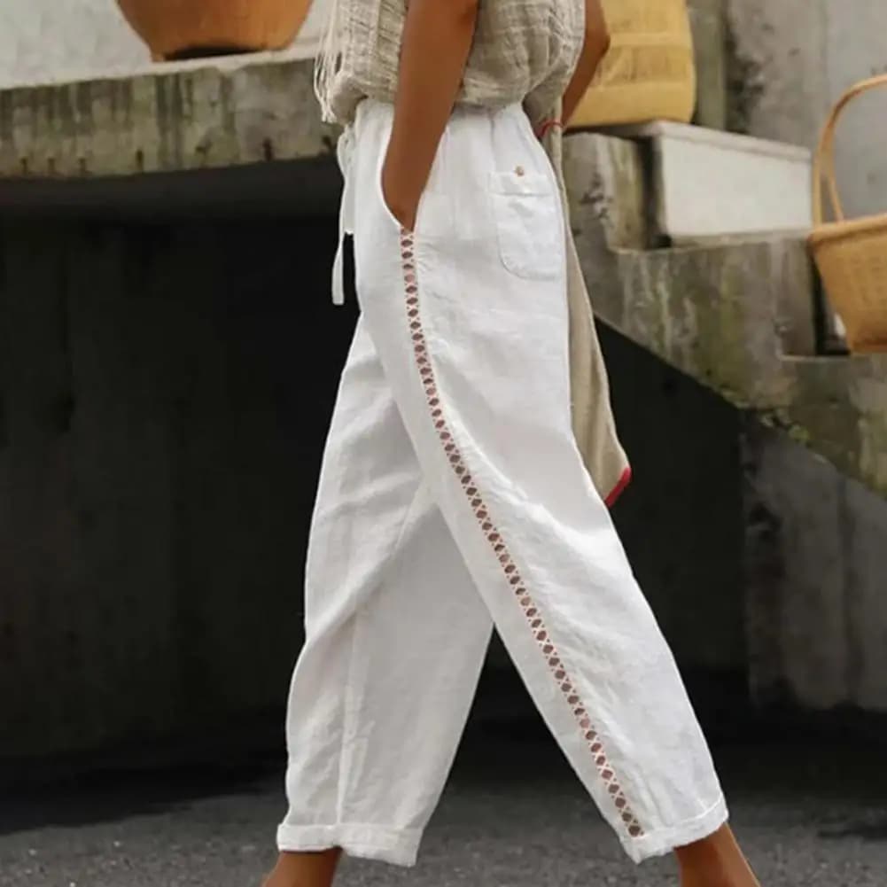 2025 Pantaloni da donna Design cavo laterale Elastico in vita Lunghezza caviglia Pantaloni da donna Pantaloni estivi in cotone e lino Pantaloni sportivi da donna