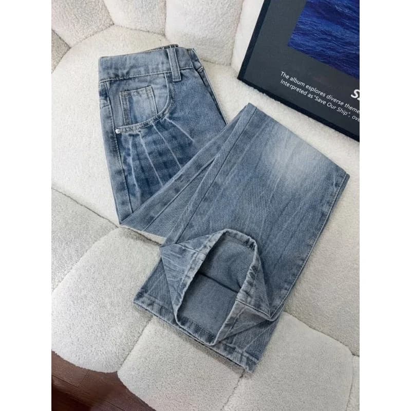 Jeans da uomo casual a gamba dritta, stile americano, con stampa floreale e effetto schiacciato, in denim lavato, a zampa d'elefante