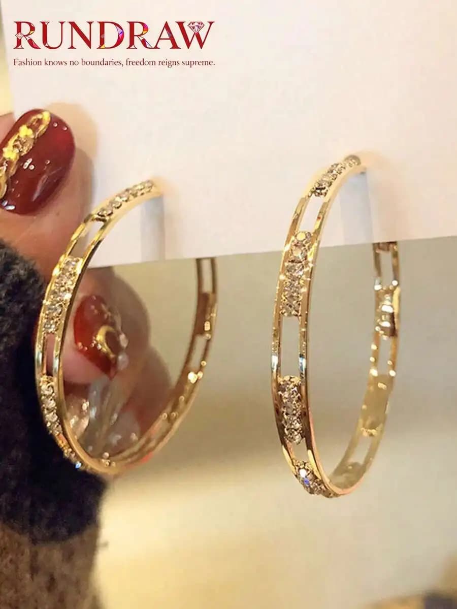 2pcs Hollow Geometric Cubic Zirconia Hoop Earrings, Lightweight Luxury Copper Gold Tone, Suitable For Party, Gathering, Ball, Gi