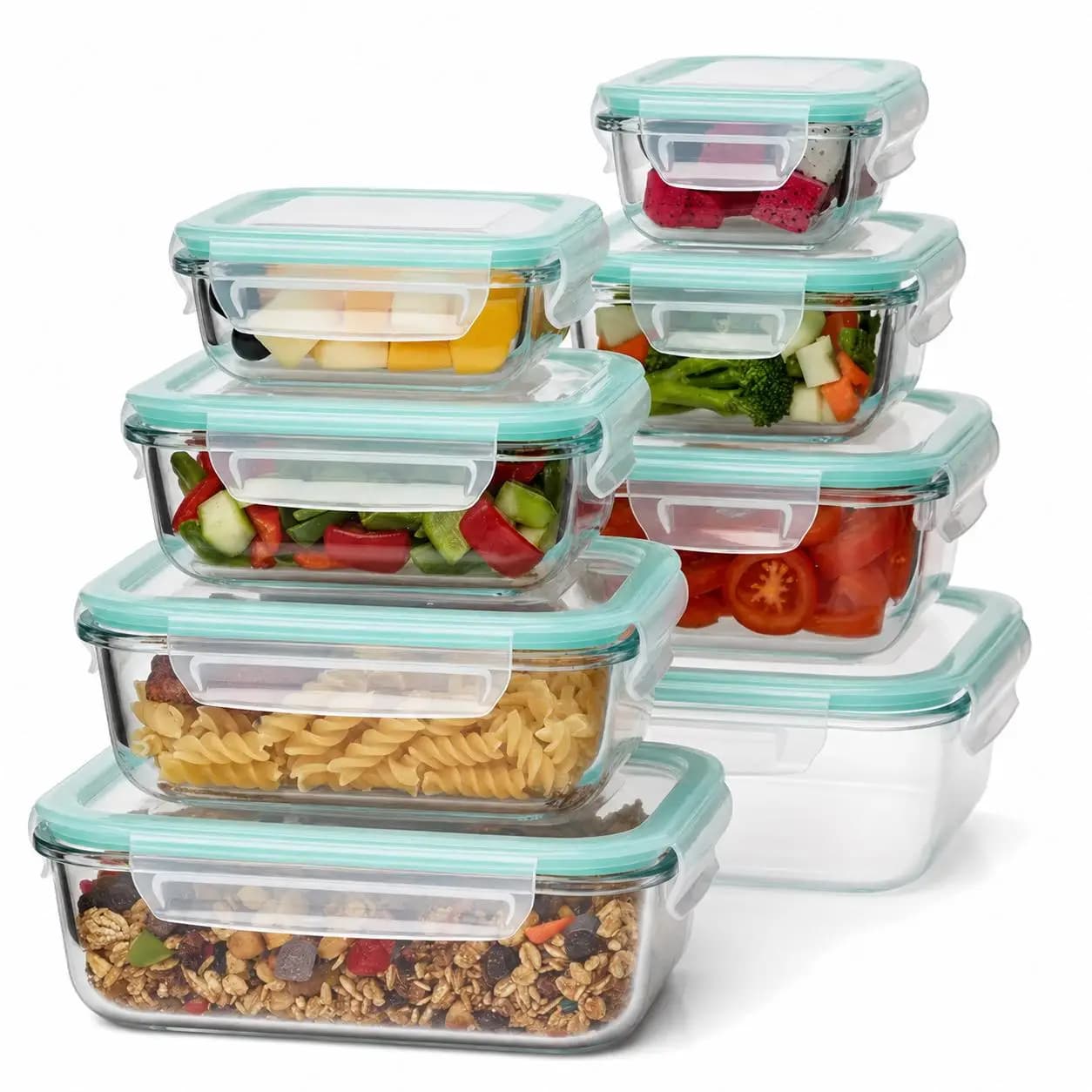 8Pcs Borosilicate Glass Food Storage Containers with Airtight Leak-Proof Silicone Lids BPA Free Stackable Meal Prep Lunch Box Kitchen Organizer Jars Microwave Dishwasher Safe Canisters for Pantry Snacks