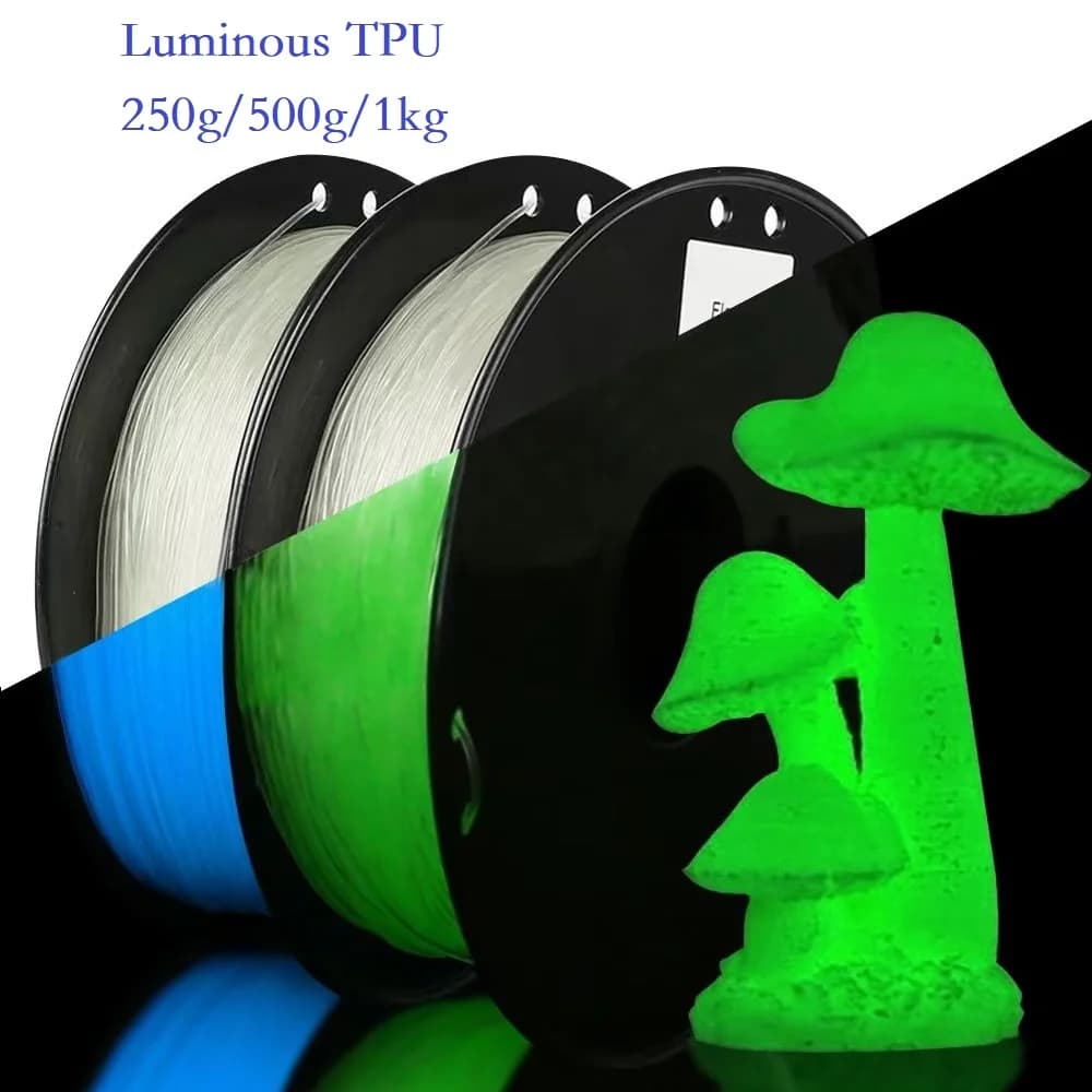 Filamento flessibile che si illumina al buio TPU 1,75 mm 1 kg 500 g 250 g FDM Filamento per stampante 3D TPU luminoso morbido 95A Trasparente Blu Verde