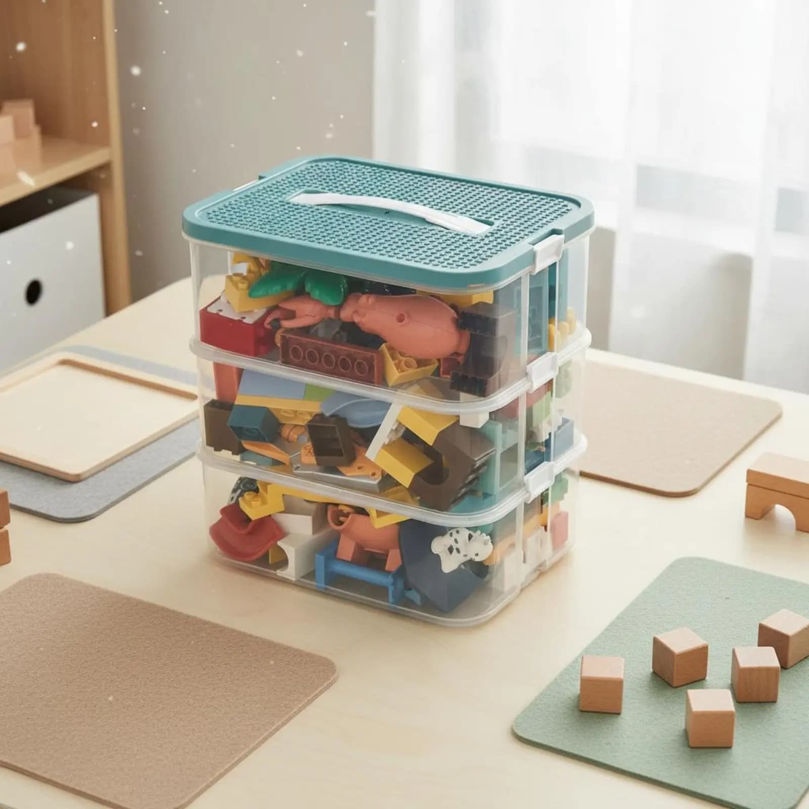 Contenitore per Mattoncini a Doppio Strato, Facile da Organizzare, Scatola Porta Mattoncini, Organizzatore per Blocchi da Costruzione con Maniglia Portatile per Bambini