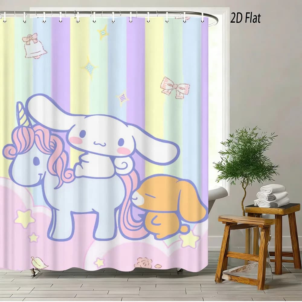 Graziosa tenda da doccia con stampa unicorno Cinnamoroll a righe pastello, tenda da bagno in tessuto poliestere impermeabile con 12 ganci, facile da installare