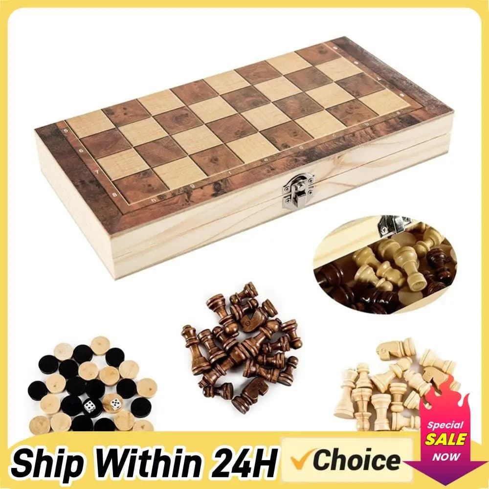 Set di Scacchi 3 in 1 Pieghevole con Scacchiera in Legno, Set di Scacchi e Dama da Viaggio