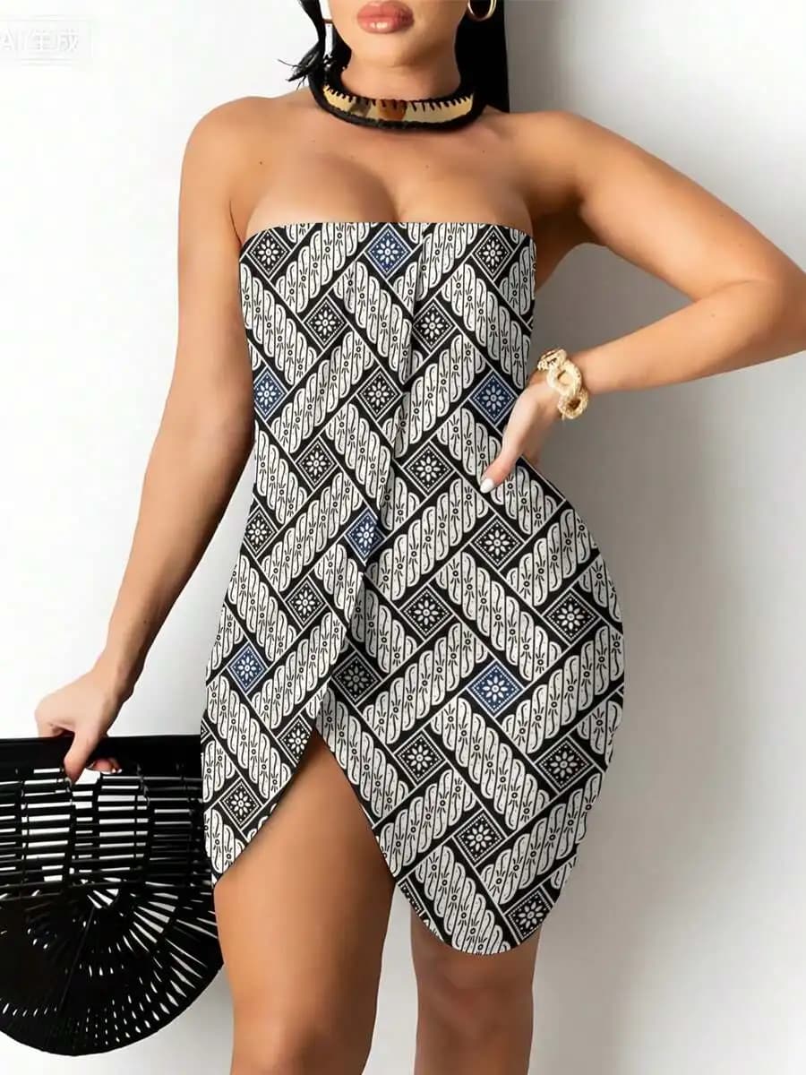 Geometric Pattern Strapless Mini Dress With High Slit Abstract Diamond Print Casual Summer Wear