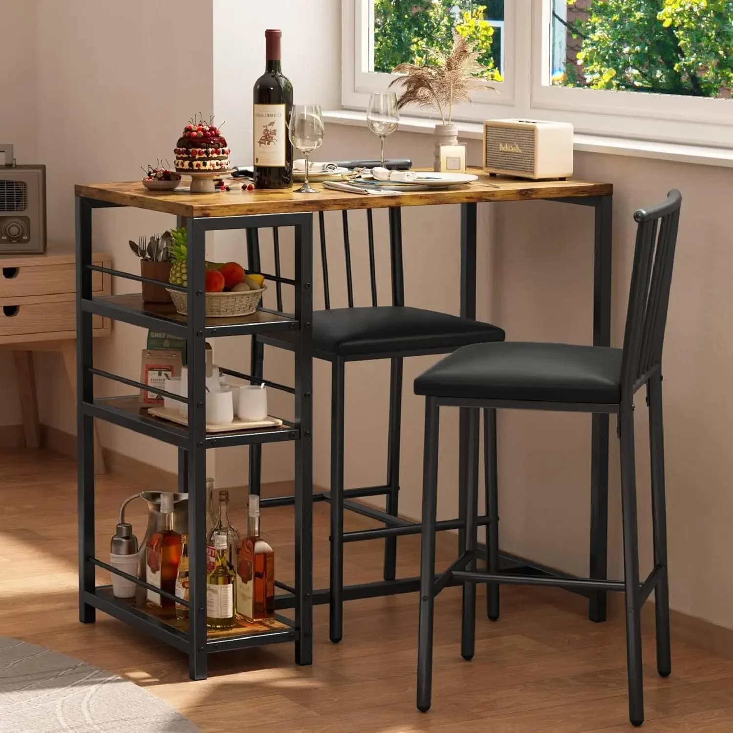 Set Tavolo da Pranzo per 2 con 3 Ripiani Portaoggetti, Tavolo da Cucina e Sedie per 2 con Cuscini in PU, Piano in Legno Spesso, 3 Pezzi