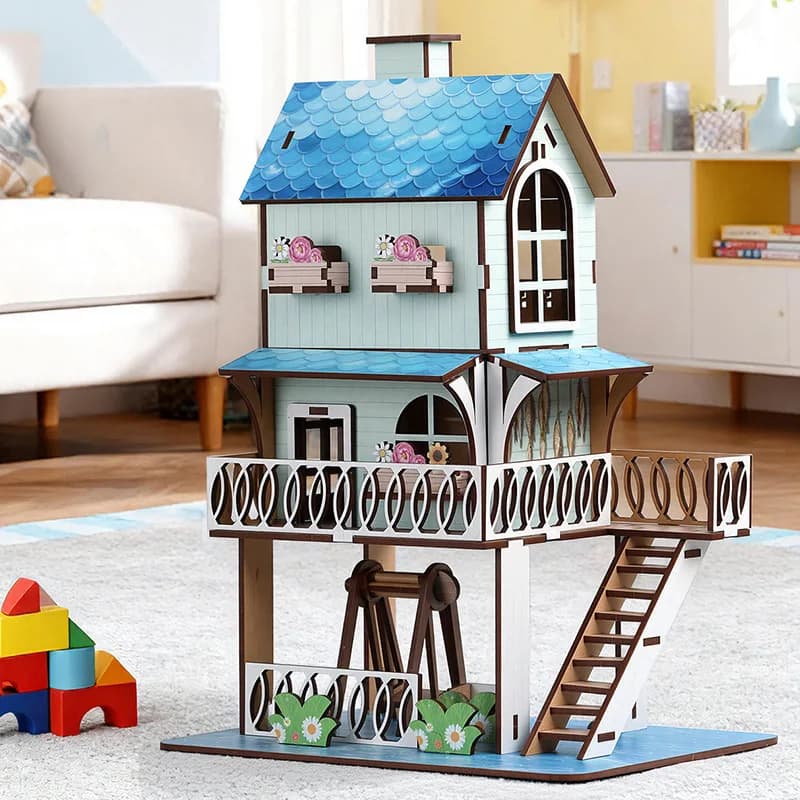 Puzzle 3D in Legno Fai-da-Te, Modello di Villa con Vista Mare, Kit di Costruzione Creativo a 2 Piani, Giocattolo Educativo Montessori e Modellino Architettonico Realistico da Scrivania