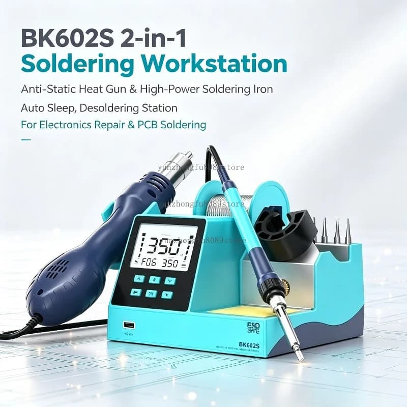 BK602S 2-in-1 Soldering Workstation, Anti-Static Heat Gun & High-Power Soldering Iron, Auto Sleep Desoldering Station for Repair