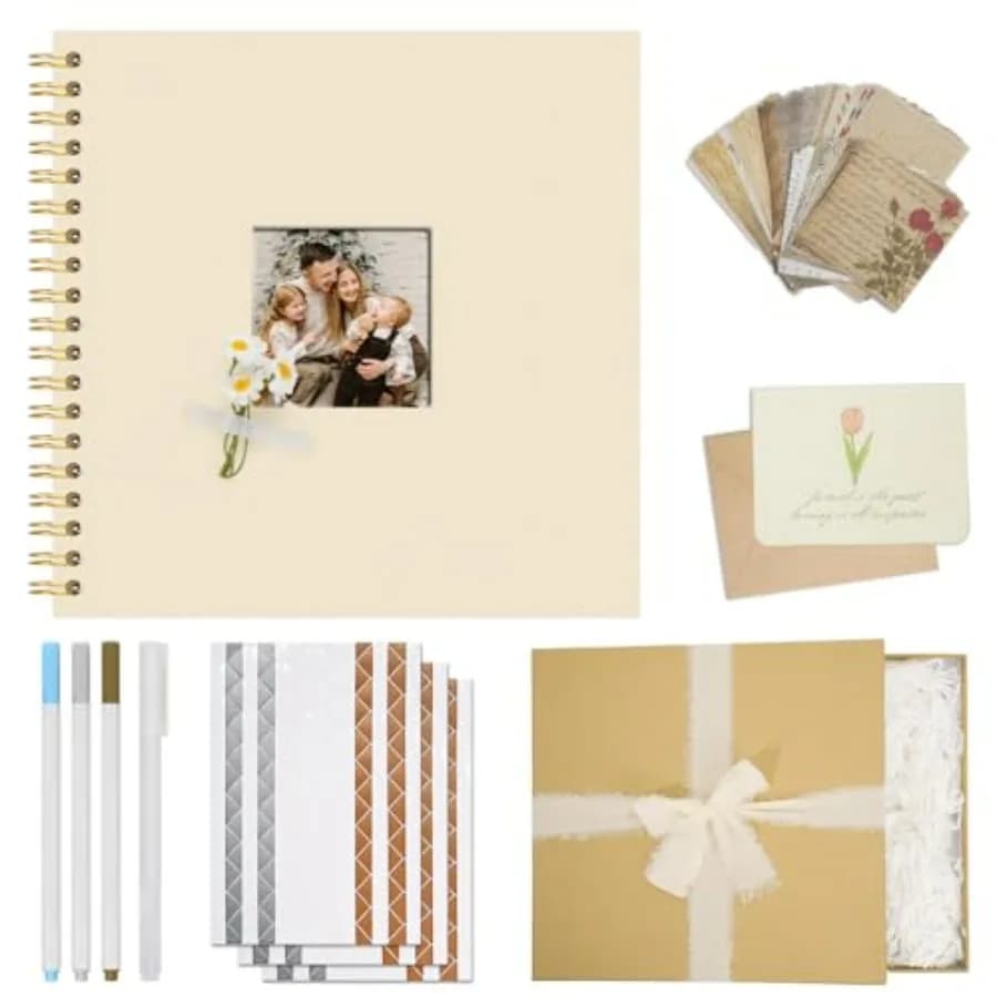 8 x 8 Inch Scrapbook Album Gift Set, Linen Hardcover Photo Book with 40 White Pages, DIY Memory Book Kit with Accessories for W