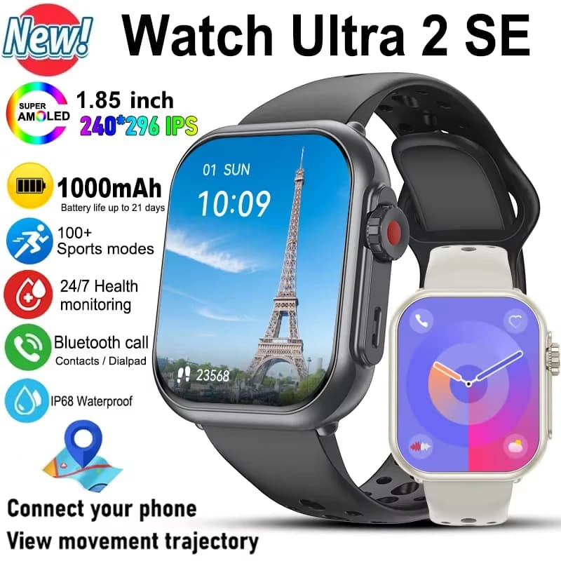 Smartwatch per iOS e Android, Watch Ultra 2 SE, per Uomo e Donna, 1000mAh, HD AMOLED, 100+ Sport, Frequenza Cardiaca, Chiamate Bluetooth, GPS, Impermeabile