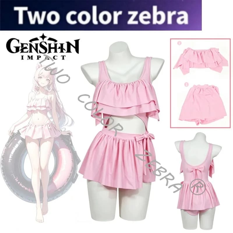 Game Genshin Impact Sangonomiya Kokomi Swimsuit Cosplay Costume Cute Pink Two Piece Skirted Bathing Suit for Summer Beach Party