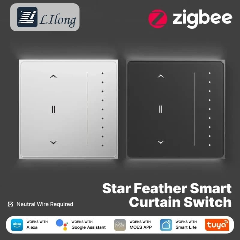 Interruttore Smart ZigBee per Tende US/EU Tuya con Pannello Touch Anti-Riflesso e Retroilluminazione Dinamica, Compatibile con Alexa e Google Home per Tapparelle Avvolgibili