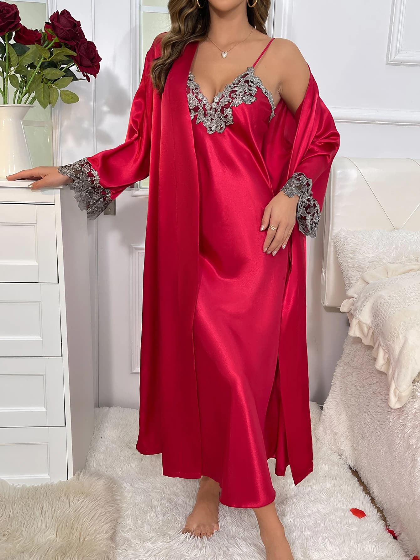 Sexy elegant women's pajamas set with V neckline and 2cs contrasting lace long sleeves