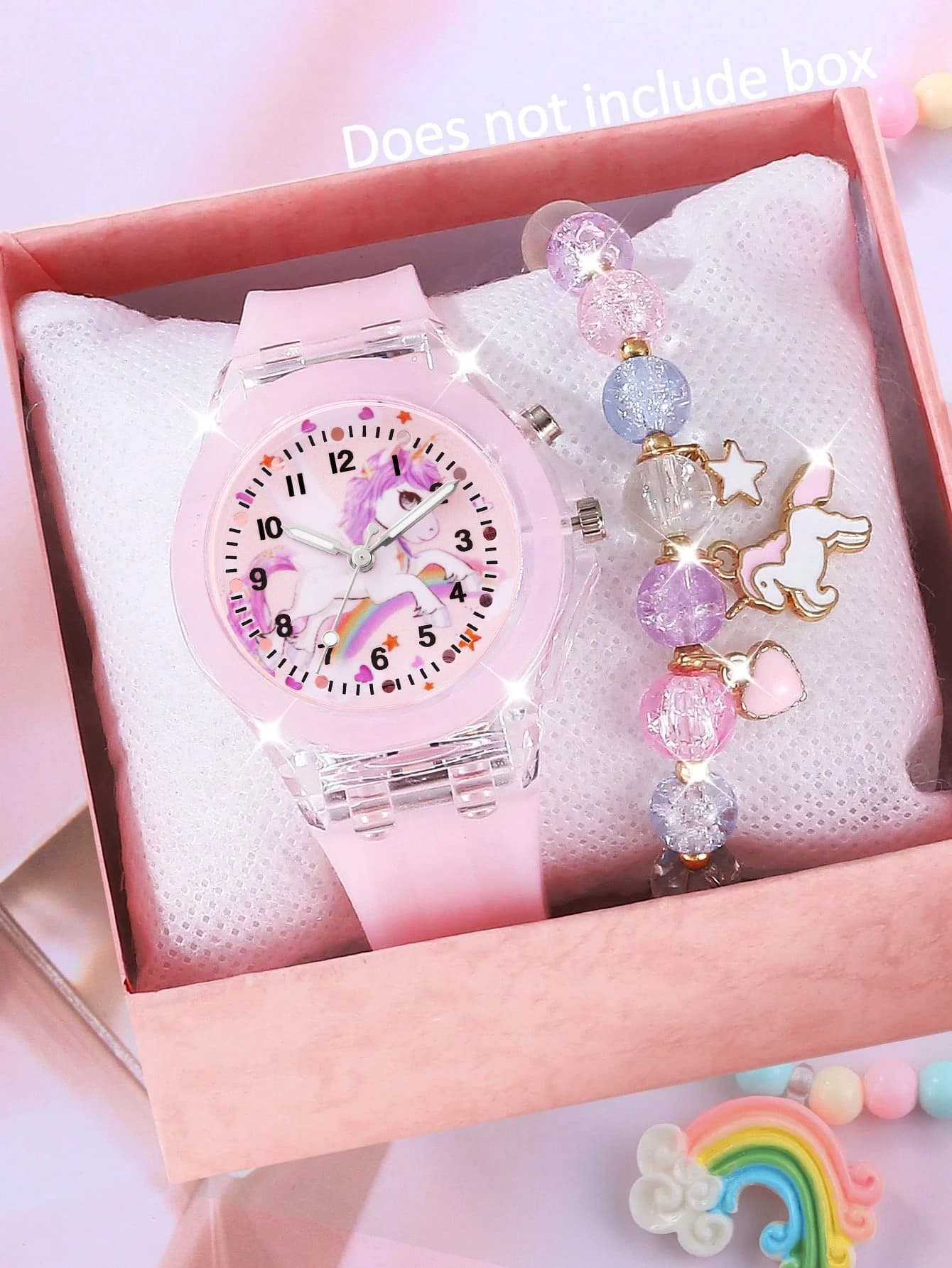 Orologio luminoso alla moda in silicone e set di braccialetti con perline con design a forma di unicorno per uso quotidiano e regali di compleanno (scatola non inclusa)