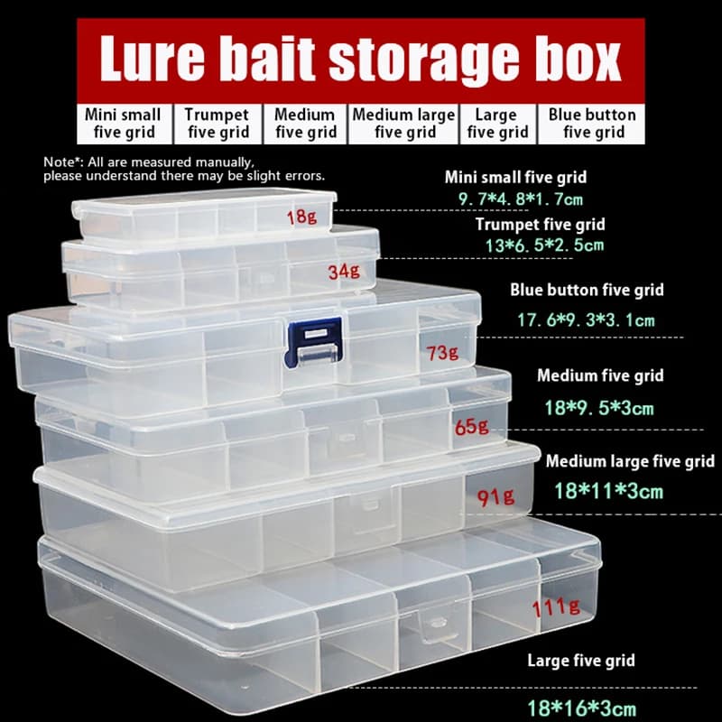 5 compartment fishing bait box – Organizer for transparent plastic equipment for hooks, frogs and soft baits