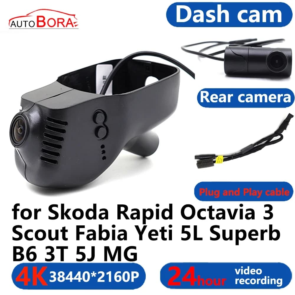 AutoBora for Skoda Rapid Octavia 3 Scout Fabia Yeti 5L Superb B6 3T 5J MG Wifi 4K 3840*2160 Auto DVR Dash Cam Camera 24H Video