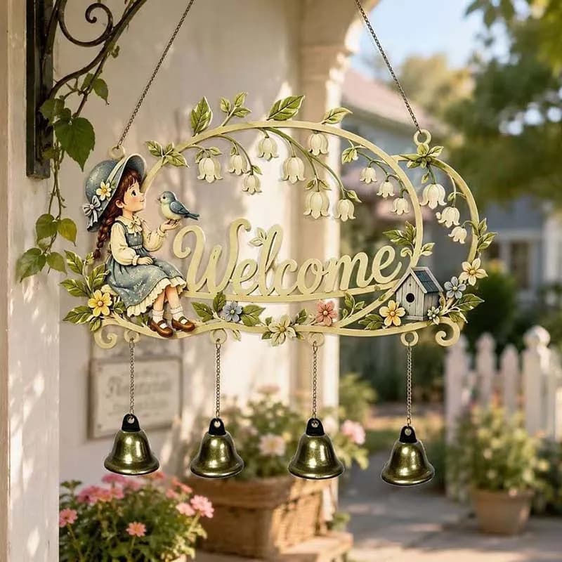 Welcome Metal Wind Chime Double Sided Painted Girl Bird Hanging Sign of The Valley Garden Door Wall Decor Welcome Plaque Gift