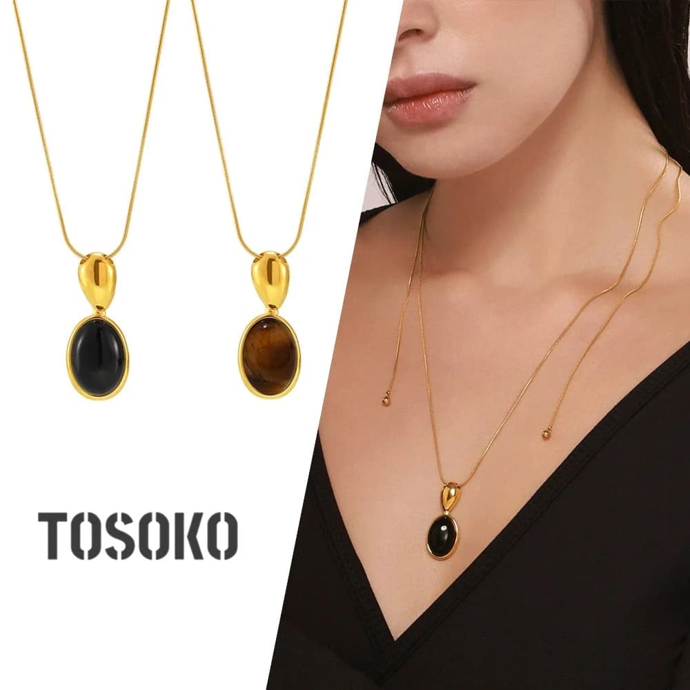 TOSOKO Nuova collana con ciondolo regolabile in agata nera Pietra occhio di tigre Pull-Out Catena lunga per maglione Catena con osso di blocco M078