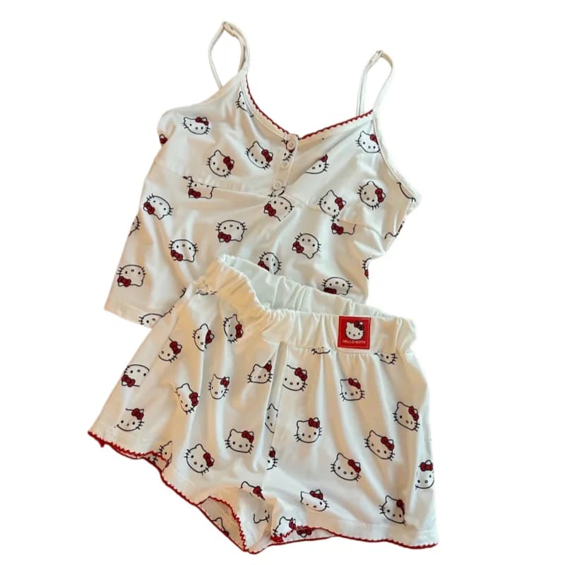 Pigiama estivo Y2K Hello Kitty Sanrio Anime, set con pantaloncini con bretelle e stampa, abbigliamento casual da casa per studentesse, abbigliamento da notte.
