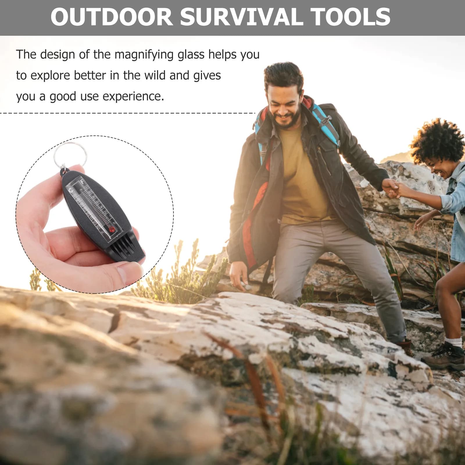 Emergency Whistle Four-in-One Survival Gear Compass Magnifier Thermometer Lightweight Compact Design for Hiking Backpacking