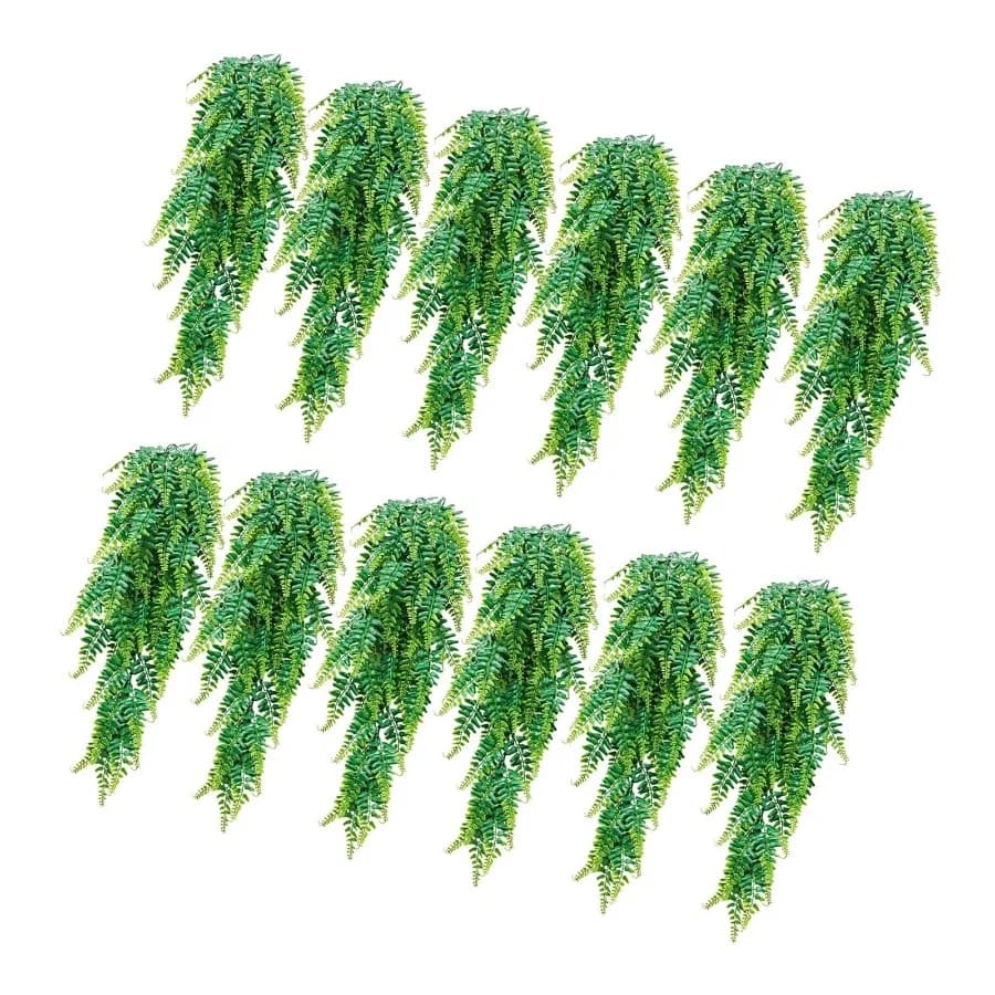 Artificial Ferns 12 Pcs Fake Hanging Boston Fern Bush Plant with 32-Inch Length Plastic Faux Greenery for Indoor and Outdoor De