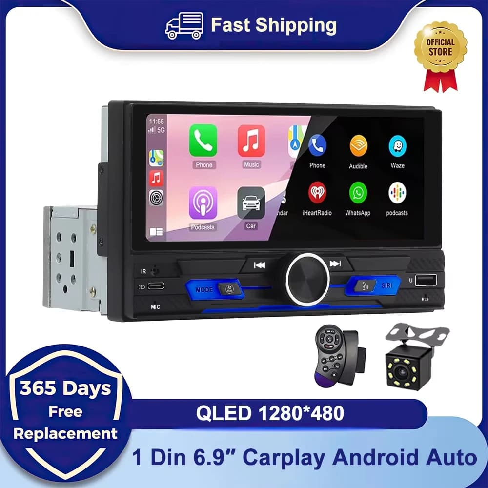 1DIN Universale 6.9 Pollici Autoradio Supporto Wireless Carplay Android AUTO AUX USB SWC BT Touch Screen Lettore Audio Multimediale