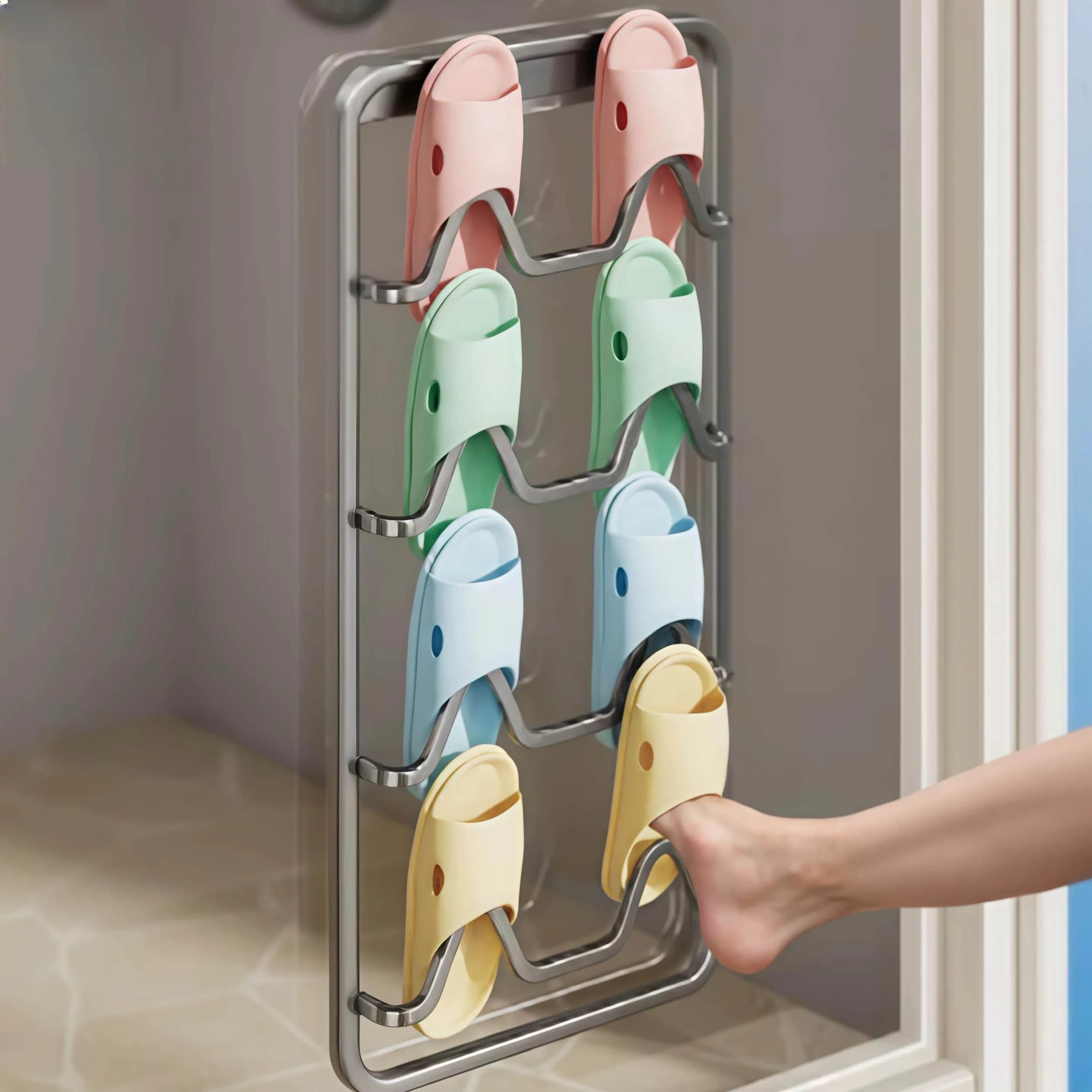 Bathroom Slipper Rack Wall Mounted Shoe Storage Organizer Wood Material Makeup Room Door Back Drainage Shelf No Drilling Needed