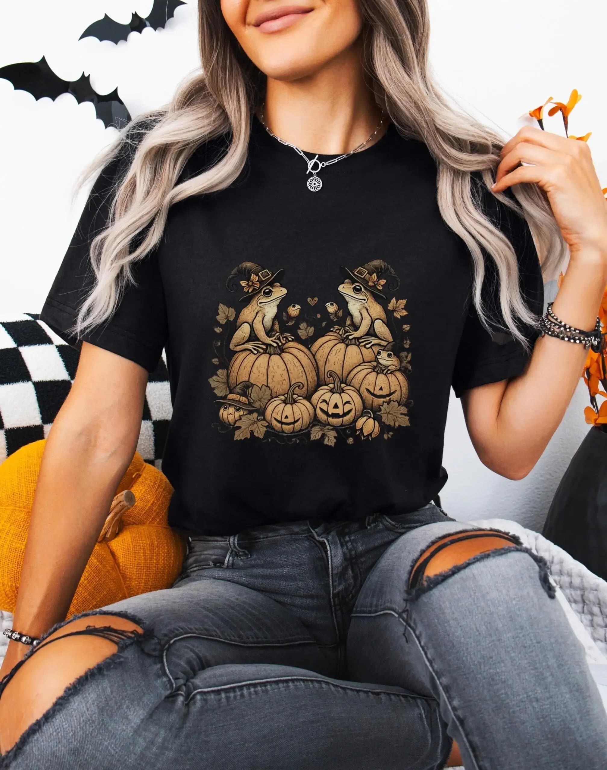 Maglietta con zucca e rospo, toppa di Halloween, vestito carino