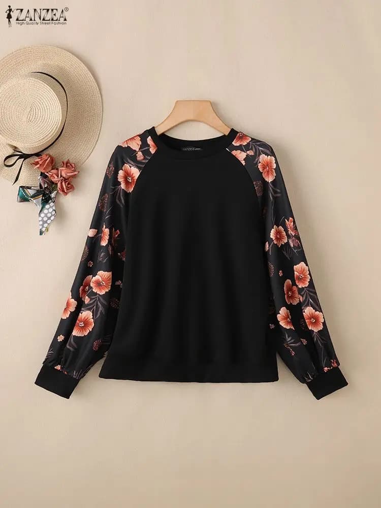 Stylish Women Sweatshirts ZANZEA 2025 Autumn Long Sleeve Floral Print Pullover O Neck Knitted Sweatshirt Patchwork Hoodies Tops