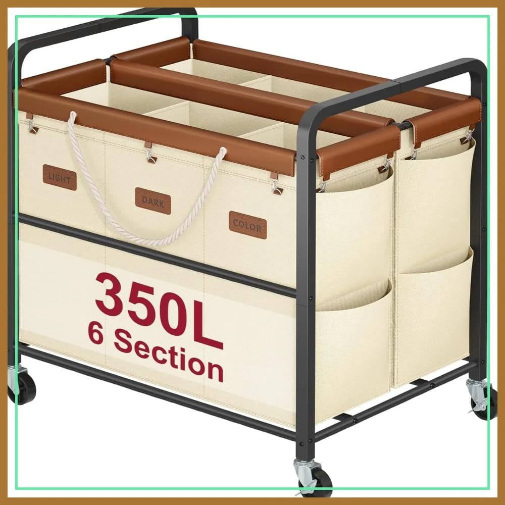 Cesto per Bucato Extra Large da 350L con 6 Scomparti, Carrello Portabiancheria Resistente con Ruote, Smistatore di Bucato Commerciale, Sacchi Rimovibili e Patchwork in Pelle, Beige