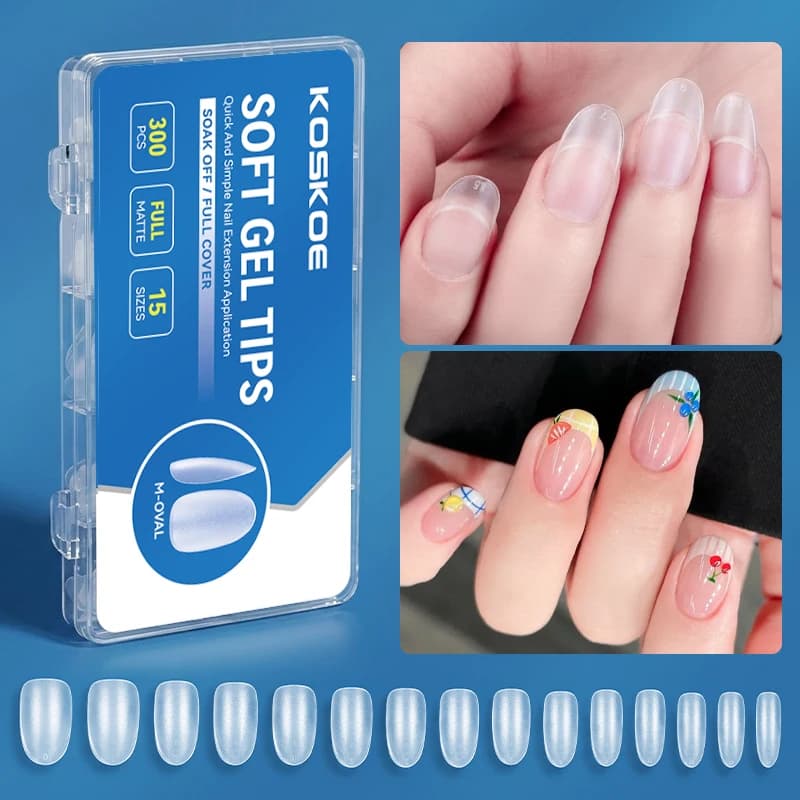 300 Pcs Full Cover Matte Soft Gel Nail Tips Coffin Almond Square False Nail Extensions For DIY Salon Manicure with Storage Box