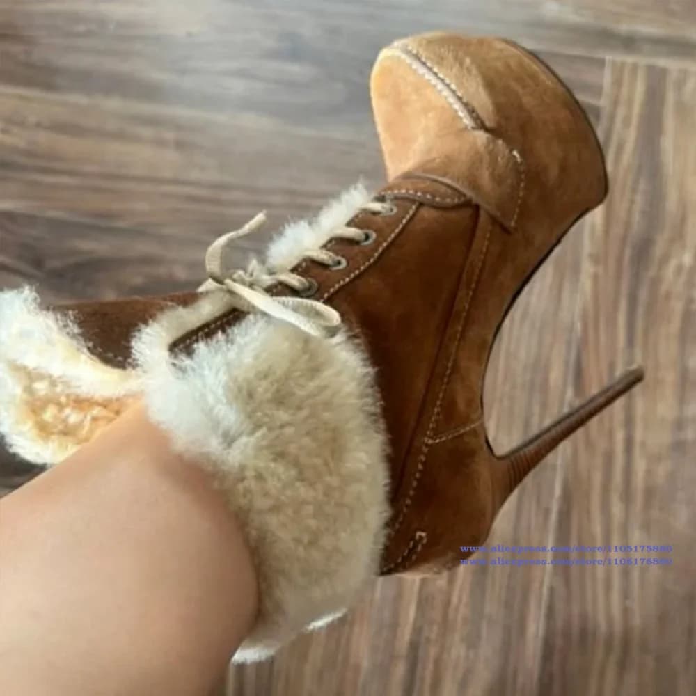 Brown Suede Stiletto Heels Ankle Boots Platform Round Toe Women's Boots Party Catwalk Shoes Luxury Designer Boots Botas Mujer