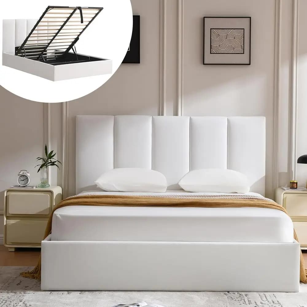 Letto matrimoniale imbottito in lino con contenitore, non richiede sommier, bianco