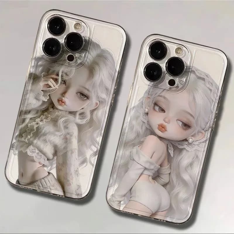 Kawaii Cute cartoon White Hair Doll Anime Clear Phone Case for iPhone 11 12 13 14 15 16 17Pro Max Plus 17Pro Shockproof Cover