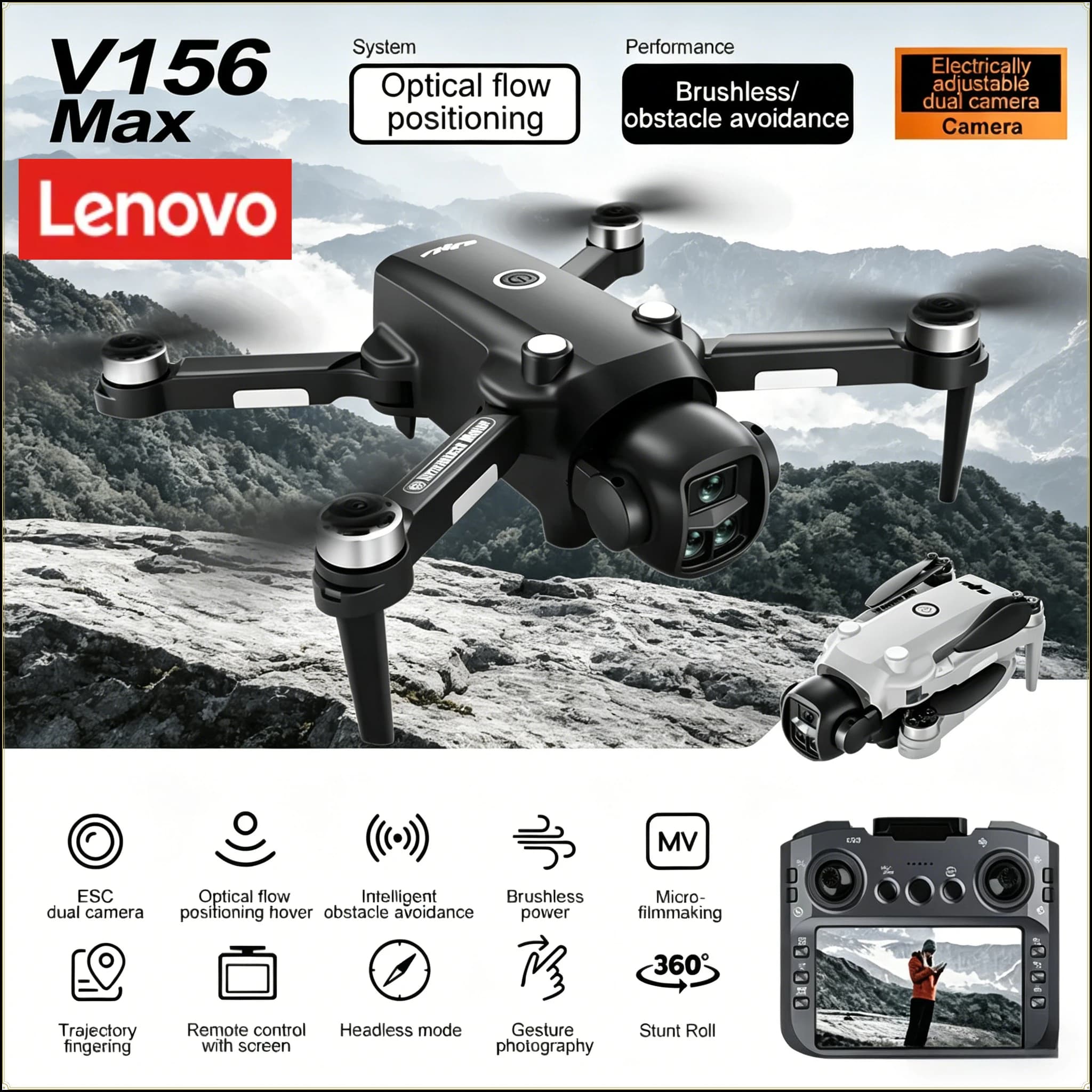Drone Lenovo V156max con Fotocamera 8K HD, Schermo Fotografabile, Telecomando, Motore Brushless, Quadricottero, Elicottero, Dron RC, Giocattolo Regalo per Bambini