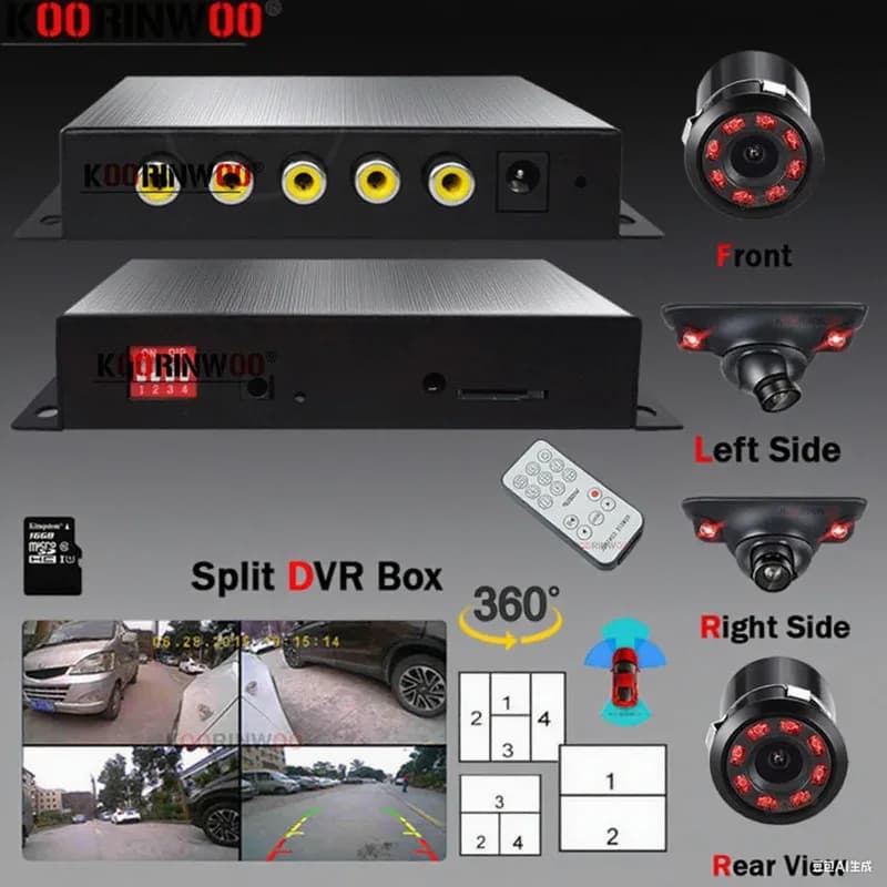 Dispositivi elettronici con registrazione video automatica per telecamere Visione notturna Veicolo a 4 canali Black Box 360 ° Dvr per auto Android intorno alla vista