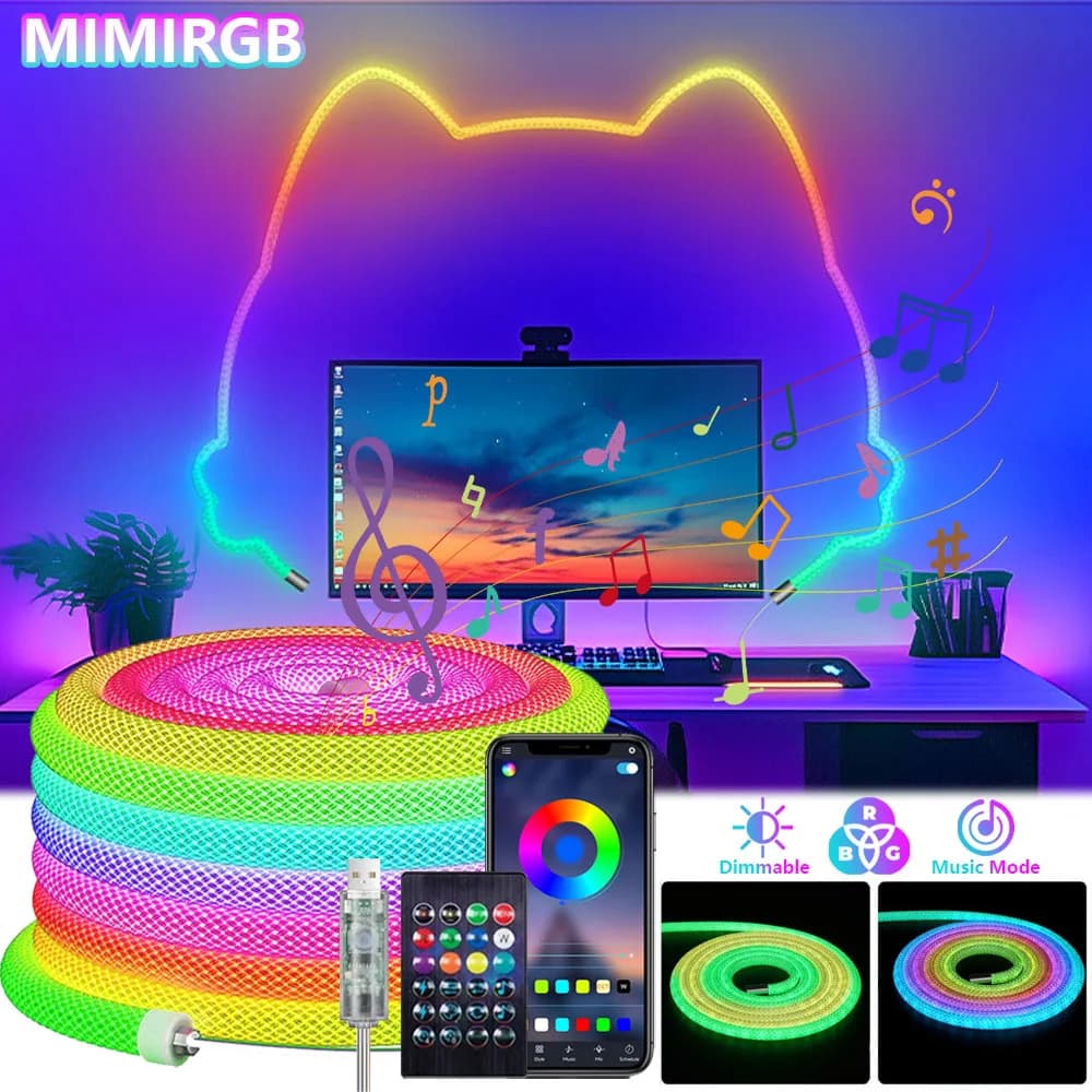 360 ° Luci luminose a corda in tessuto reticolato Luci di striscia LED ICRGB Sincronizzazione musicale Luci LED flessibili alimentate tramite USB per sala giochi