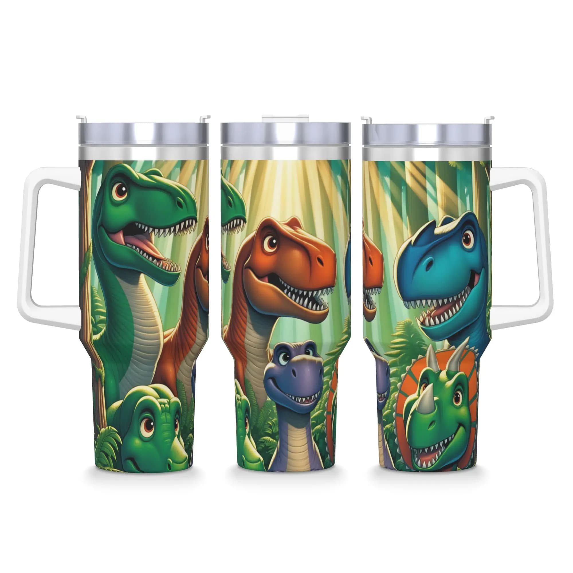 Tumbler in Acciaio Inox con Dinosauro Cartoonesco Sorridente Colorato, Tazza da Viaggio per Auto 40oz, Bottiglia Termica per Conservazione del Calore