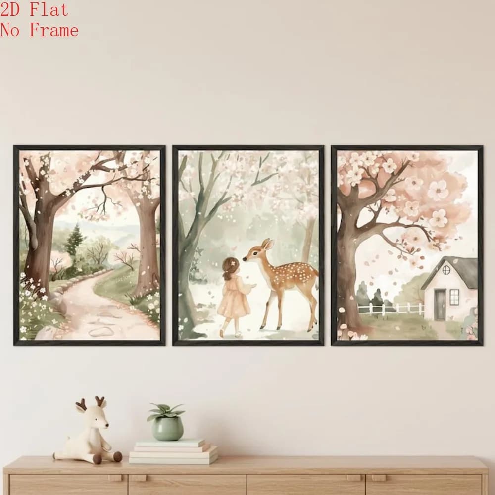 (NoFrame 3PCS)-2D Flat, 2D Flat, [2D Flat] 3pcss (Canvas Poster Unframed) Woodland Girl And Deer Wall Art, Watercolor Nursery