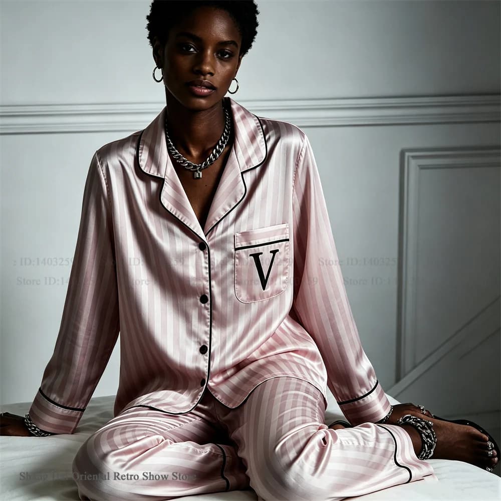 Pigiama Ricamato a Righe Rosa da Donna, Set con Pantaloni a Maniche Lunghe, Completo Moda in Seta Ghiaccio, Abbigliamento da Notte e da Casa Comodo