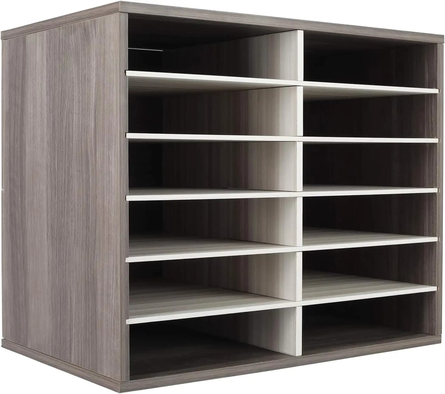 Wooden desk paper organizer with 12 adjustable shelves, contains 6000 sheets A4, retro/white grey for office home classroom