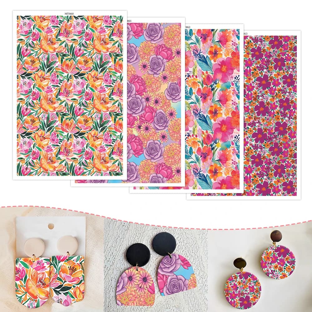 Carta per Trasferimento ad Acqua con Motivi Floreali Tropicali Arancioni e Rosa, Rose Rosa e Viola per Orecchini in Argilla Polimerica, Creazione di Gioielli Estivi