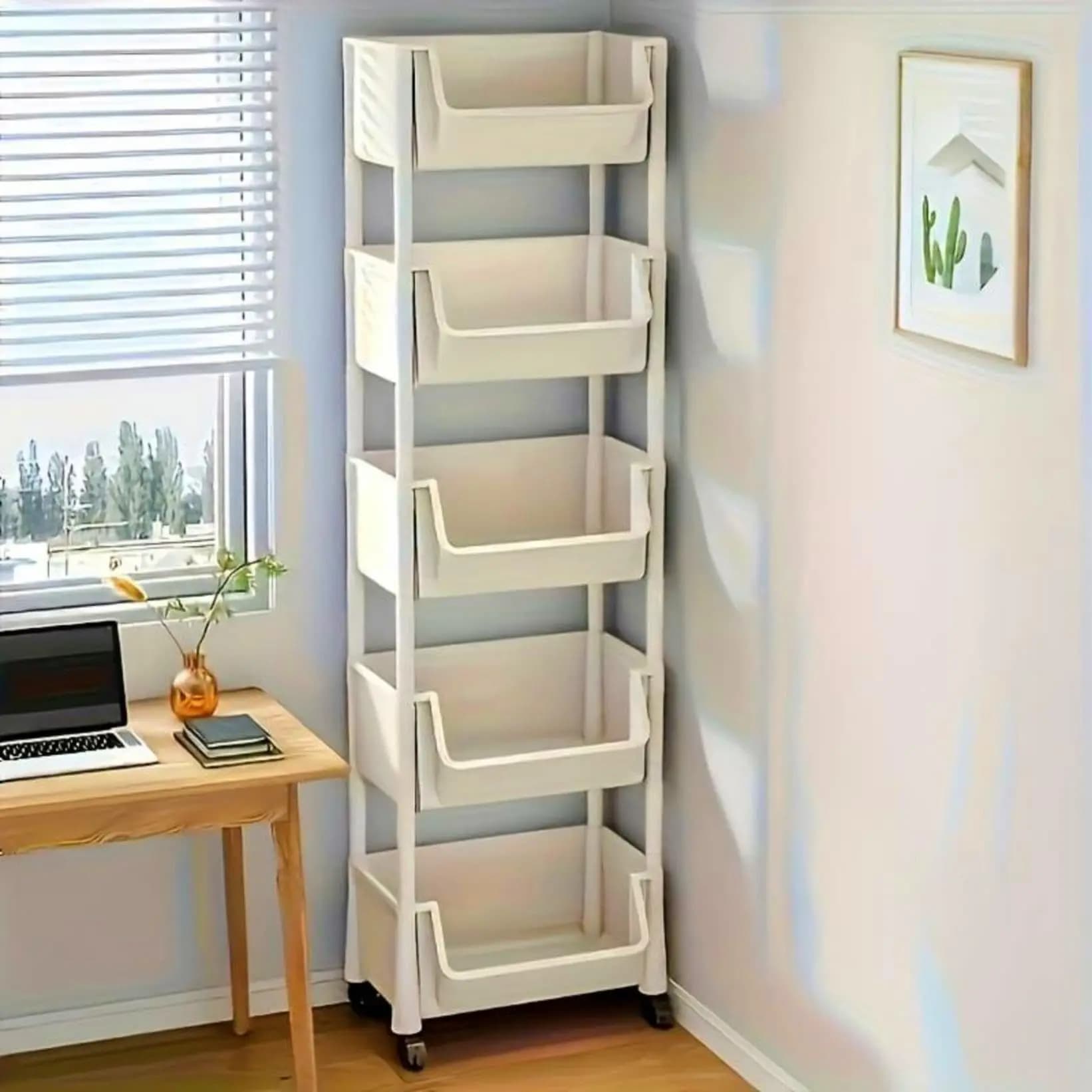 Multifunctional Plastic Storage Cart with Wheels Space-Saving Mobile Rolling Utility Trolley Multi-Layer Tiered Shelf Organizer Rack for Kitchen Bathroom Bedroom Living Room Home Storage Furniture Beige