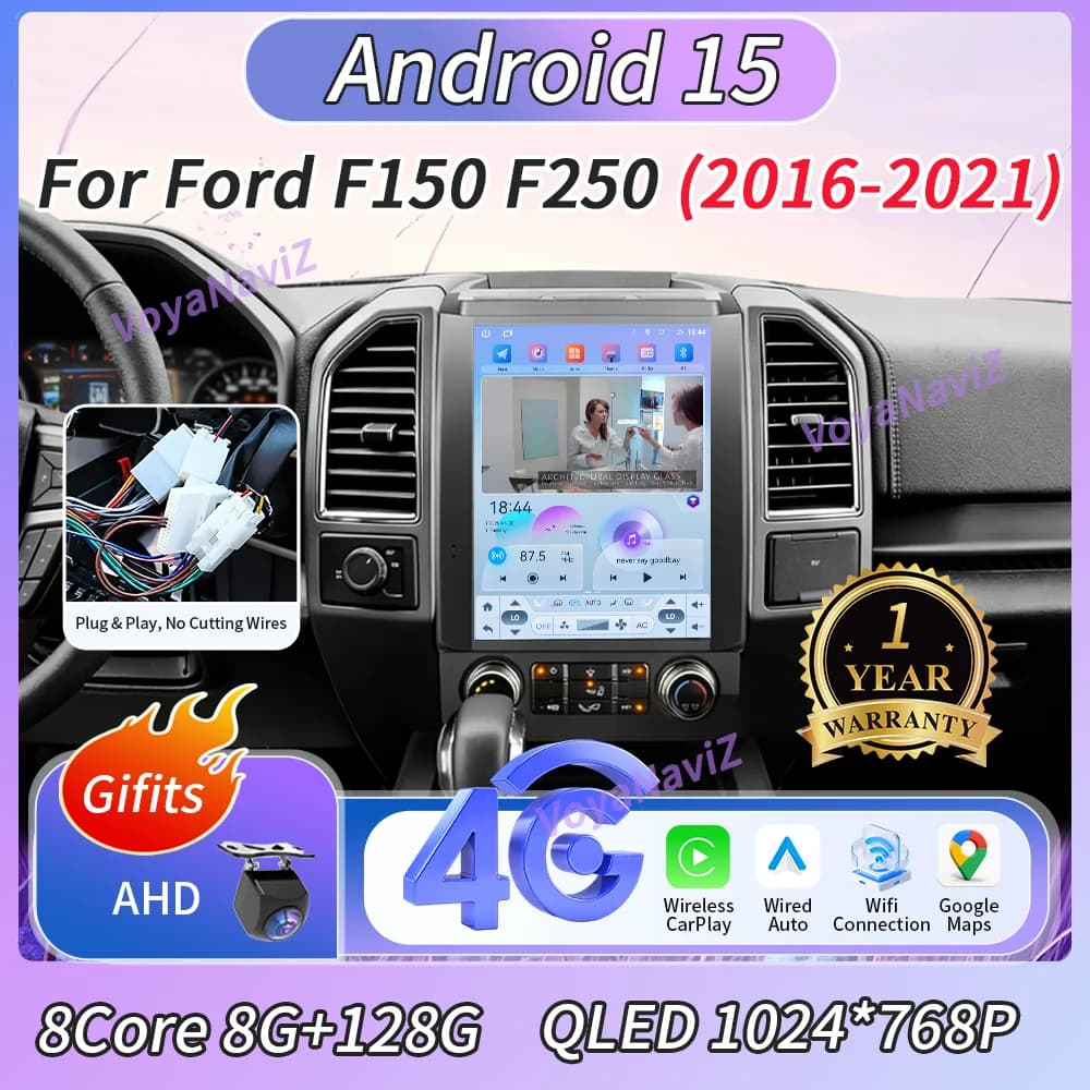 Schermo Android 15 da 12.1 Pollici con Carplay per Ford F150 F250 2016-2021, Lettore Multimediale per Auto con Doppia USB, BT, Google Maps, AutoRadio, DSP, 4G, FM
