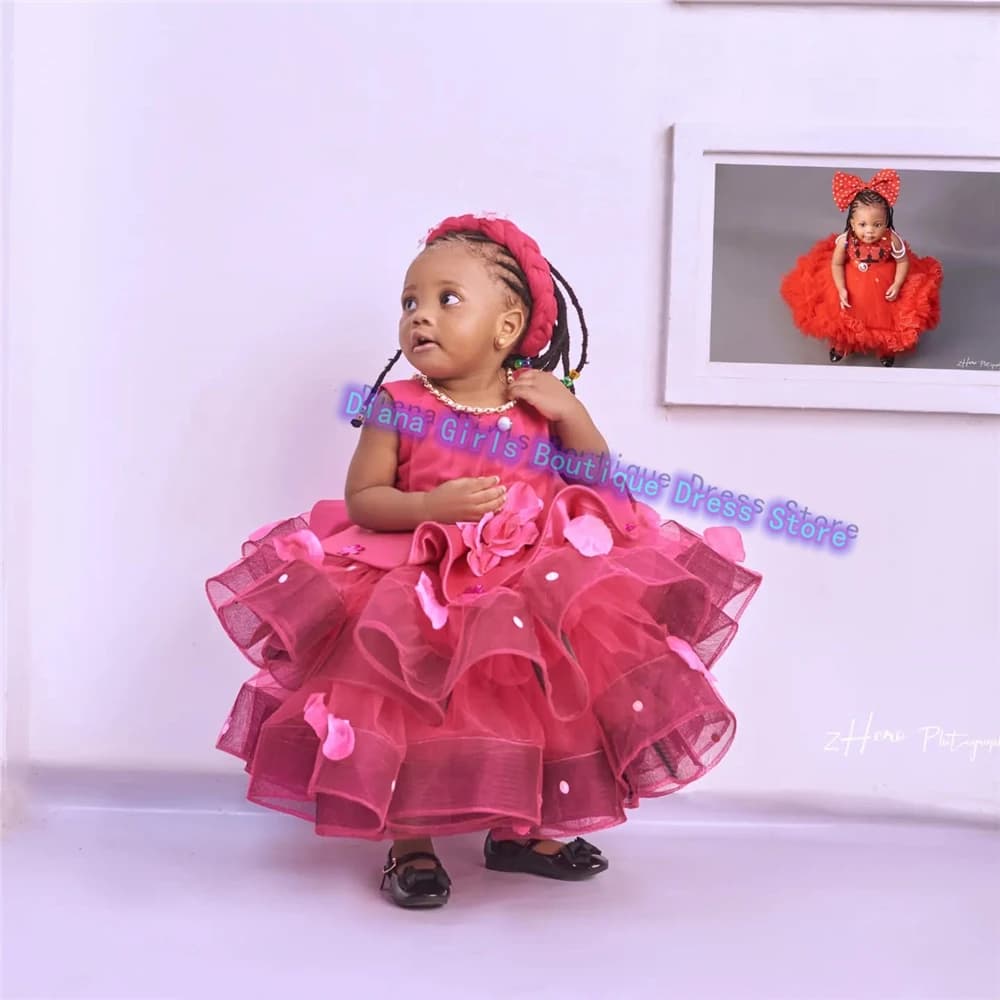 Bellissimo abito da ragazza di fiore rosso in tulle soffice stratificazione per abiti da sposa Abiti da ballo per piccola principessa con applicazioni per banchetti personalizzati