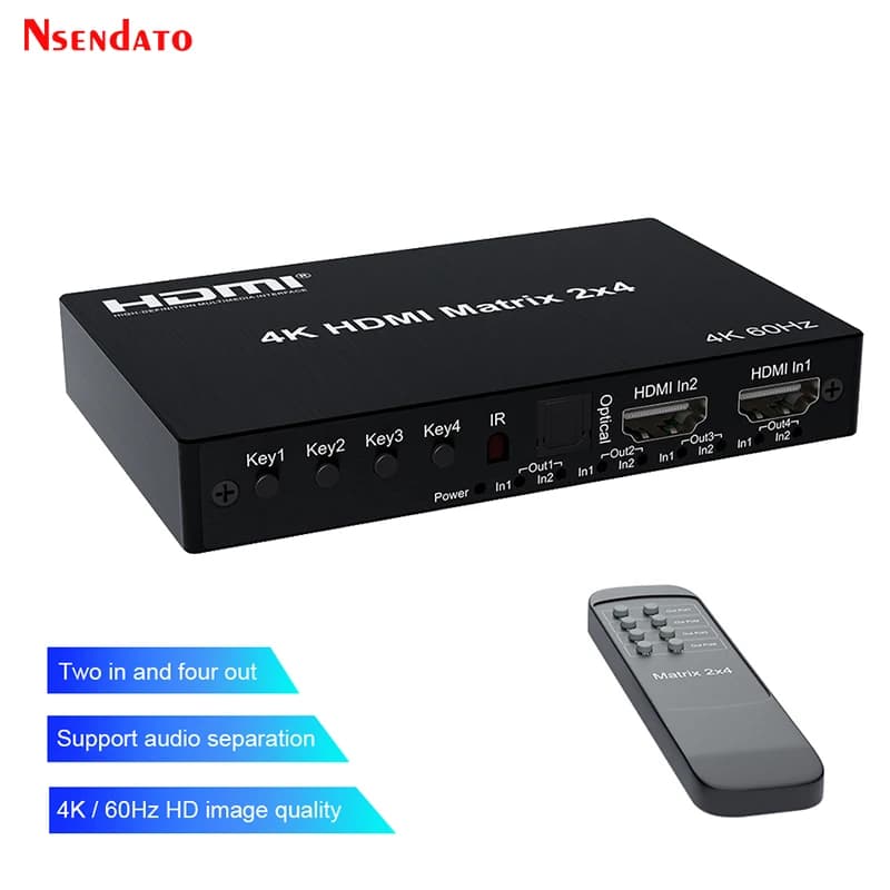 Matrice HDMI 4K 60Hz 2x4 per Dolby, Splitter HDMI 2 Ingressi 4 Uscite, Matrice HDMI 4K 60Hz con Audio R/L per PC a TV/Monitor