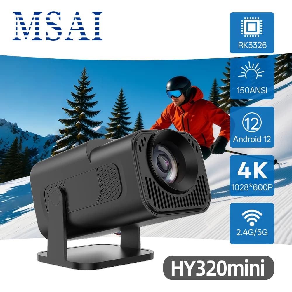Proiettore HY320mini Android 12 RK3326 150 ANSI 1280x600P Nativo, Supporta Decodifica 4K H.265, WiFi6, BT5.2, 40-120” per Casa