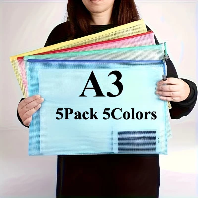 Cartelle per progetti impermeabili con cerniera in PVC oversize A3, confezione da 5, borse per documenti con codice colore, opere d'arte e organizzatori multiuso