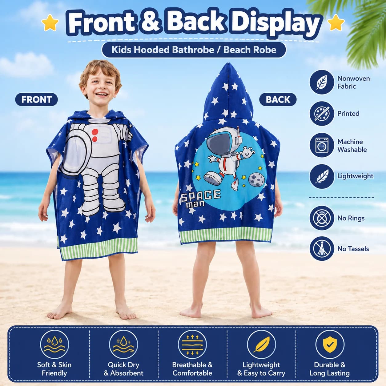 Accappatoio con Cappuccio per Bambini con Stampa Astronauta e Stelle Blu, Poncho da Spiaggia ad Asciugatura Rapida in Microfibra per Ragazzi