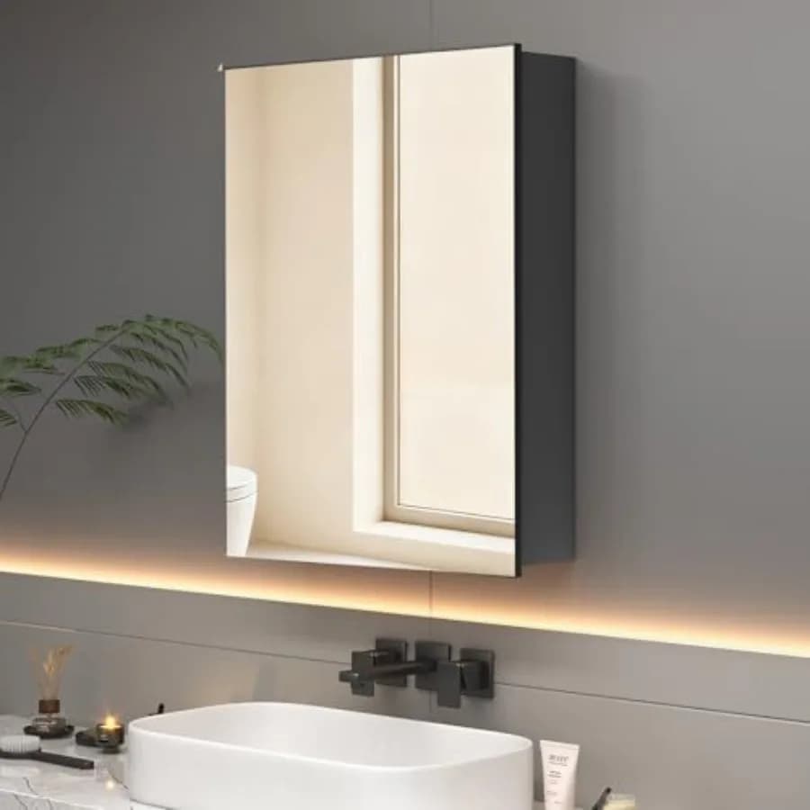 Bathroom medicine cabinet, metal frame, silver, 24 x 32 inch, recessed or surface mount, pre-assembled, with mirror and storage